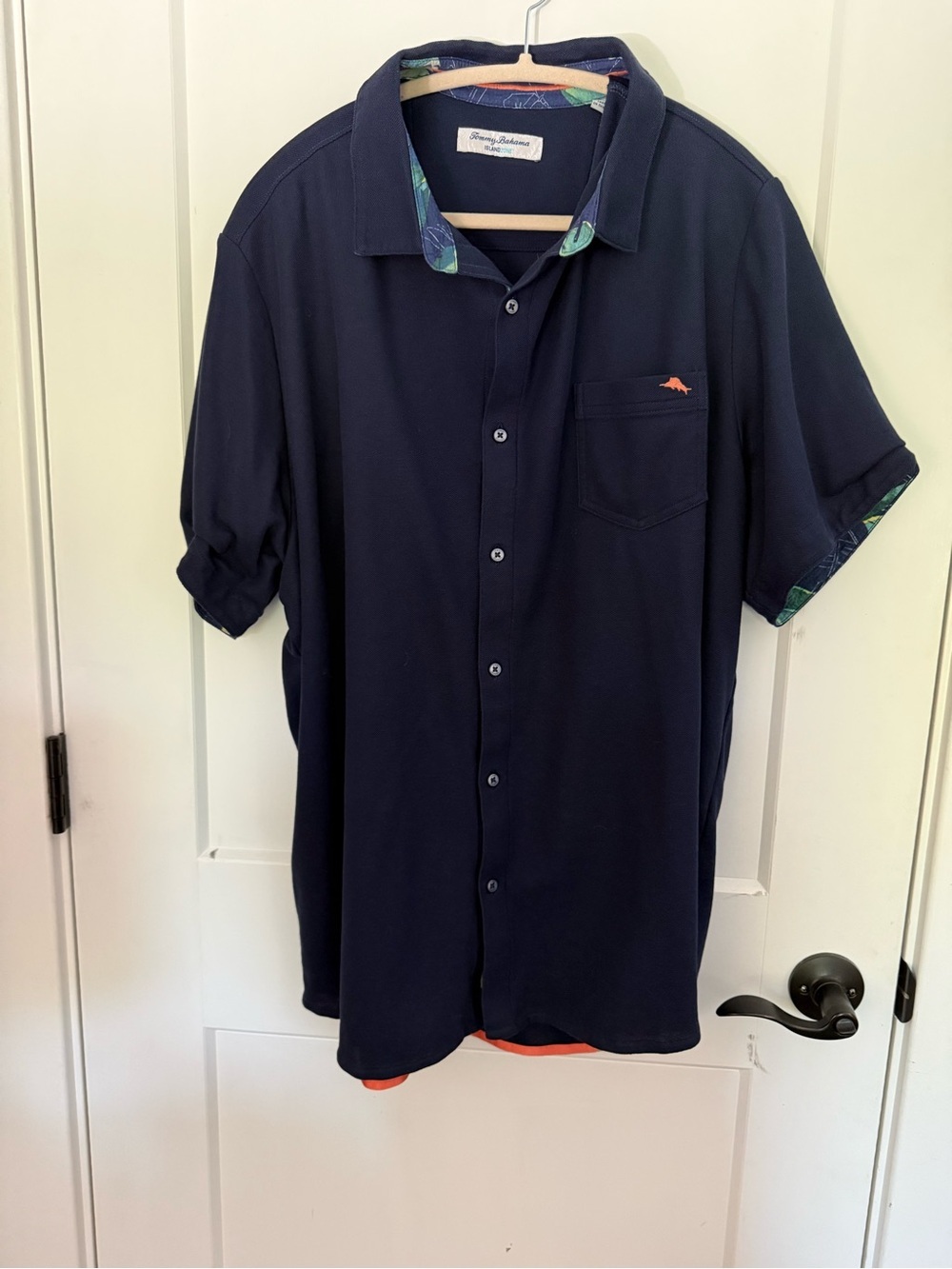 Tommy Bahama Navy Short-Sleeve Camp Shirt with Subtle Coral Logo